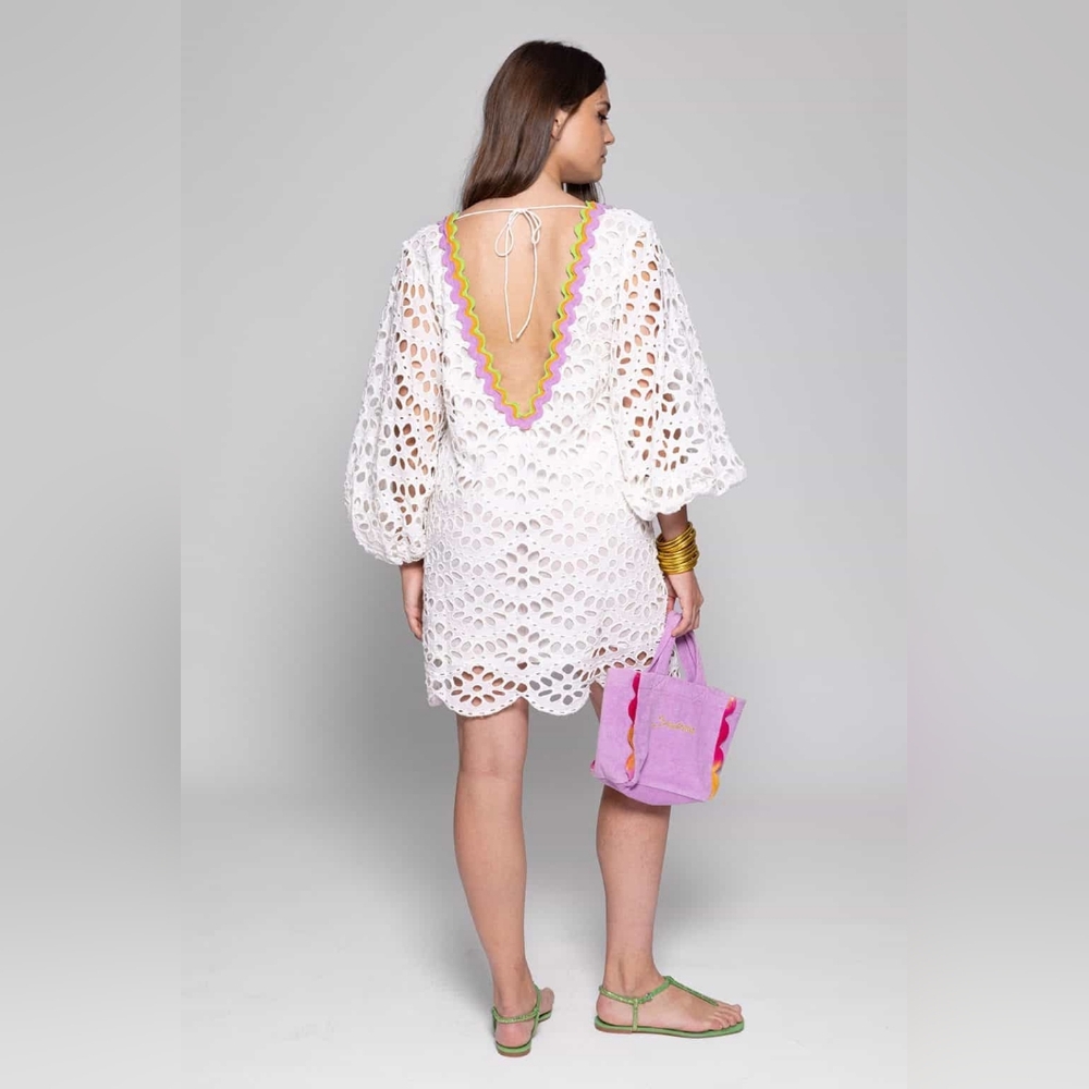 Sundress Edo Cotton Eyelet Babydoll Mini Dress V Plunging Neckline Ric Rac Trim - Picture 2 of 16